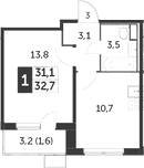 1-комн., 31.1 м², 13/20 этаж, ЖК «Южная Битца»