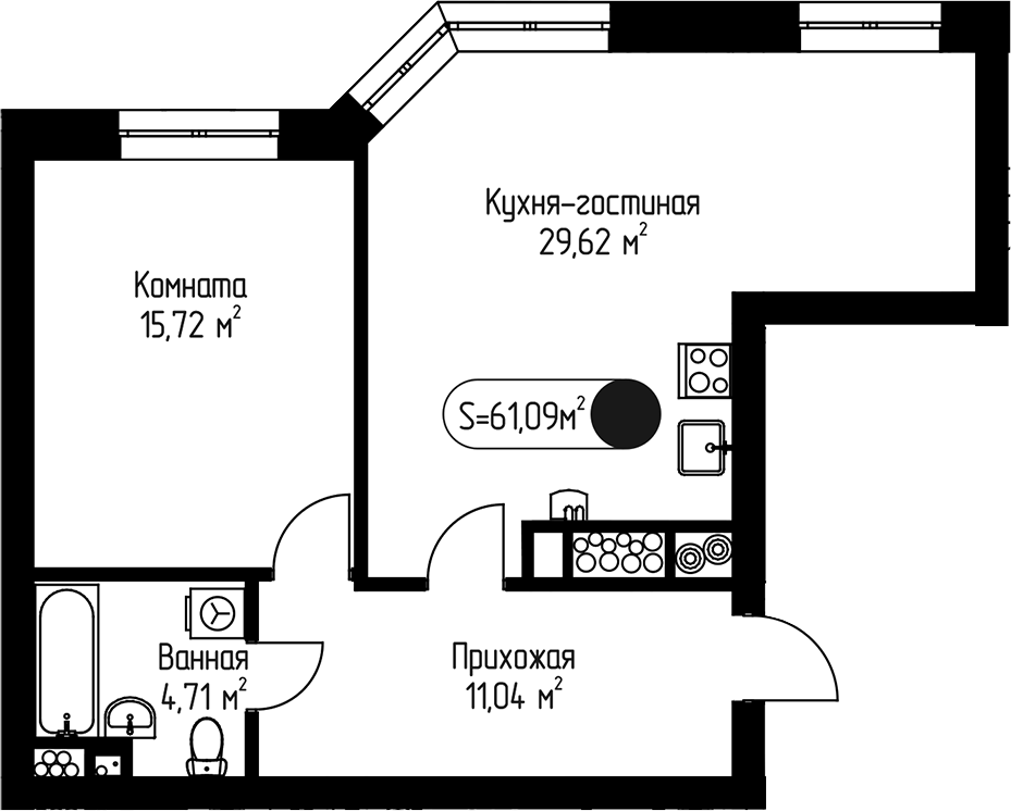 1-комн., 61.09 м², 3/5 этаж, ЖК «Мечта-квартал Любовь»