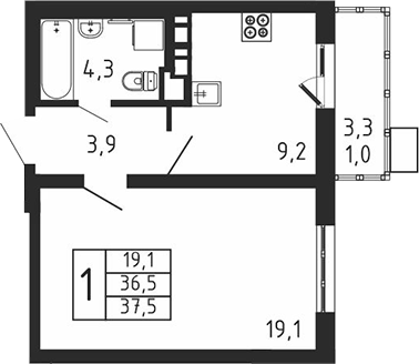 1-комн., 36.5 м², 9/9 этаж, ЖК «Пироговская ривьера. Мытищи»