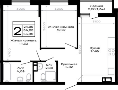 2-комн., 54.55 м², 16/16 этаж, ЖК «Горные высоты»