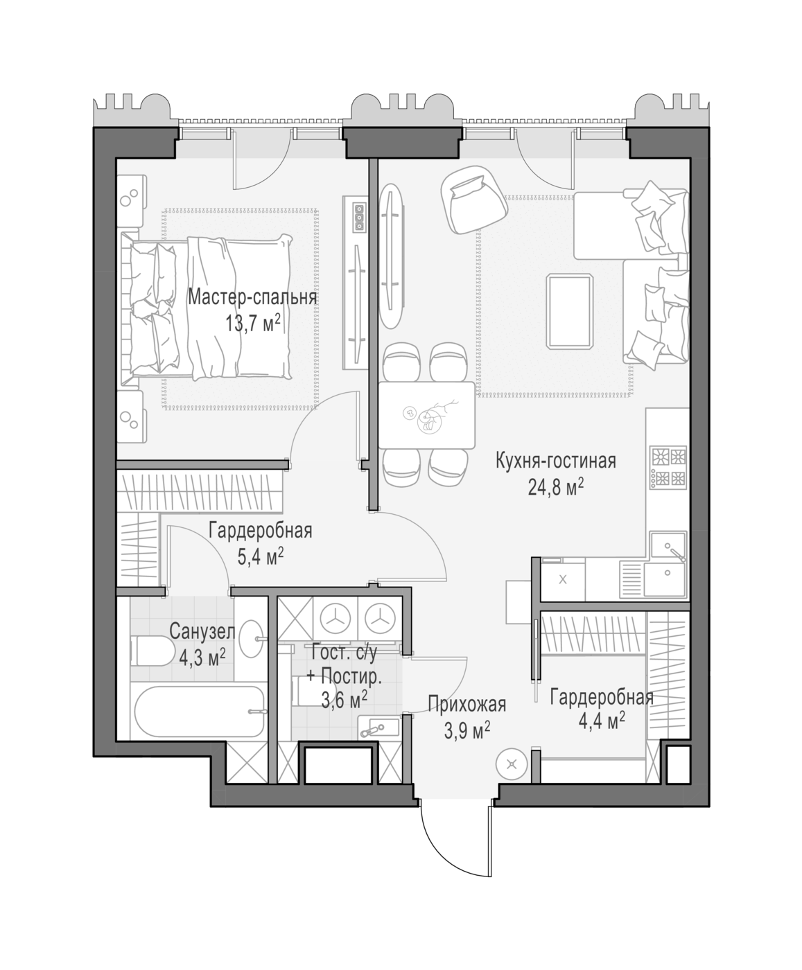 2-комн., 60.3 м², 2/14 этаж, ЖК «Квартал Тишинский бульвар»