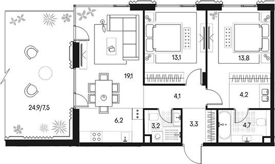 3-комн., 70.2 м², 2/13 этаж, ЖК «Клубный город на реке Примавера»