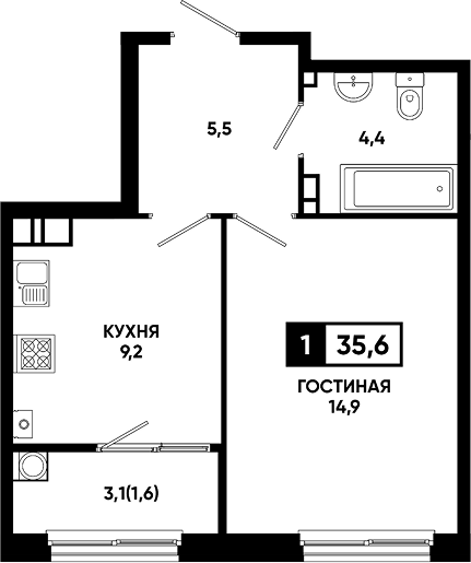 1-комн., 34 м², 11/18 этаж, ЖК «Резиденция Софи»
