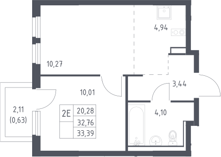 2-комн., 32.77 м², 15/17 этаж, ЖК «Пригород Лесное»