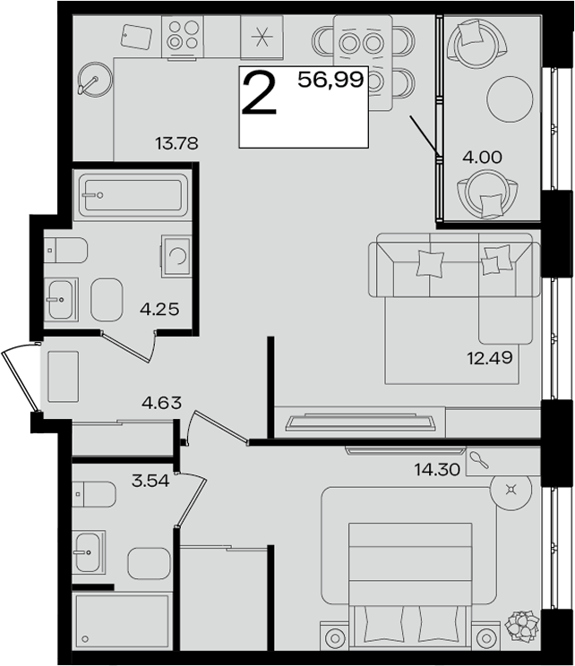 2-комн. квартира, 52.99 м² в ЖК Патрики — фото 2