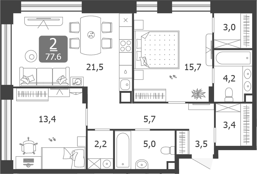 3-комн., 77.6 м², 6/12 этаж, ЖК «Шагал»