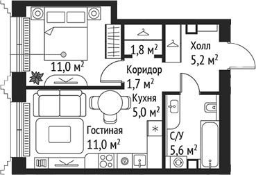 2-комн., 41.3 м², 10/59 этаж, ЖК «СЕТ»