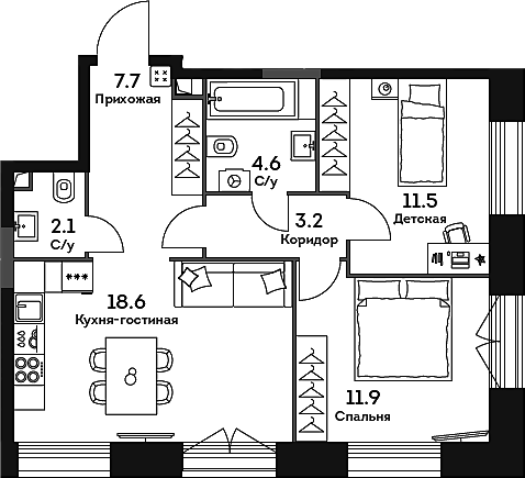 3-комн., 59.6 м², 3/32 этаж, ЖК «ЭРА»
