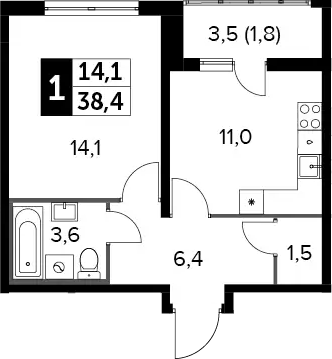 1-комн., 36.6 м², 23/24 этаж, ЖК «Южная Битца»