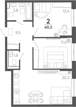 2-комн. квартира, 60.2 м² в ЖК Барса — фото 2