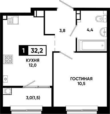 1-комн., 30.7 м², 6/14 этаж, ЖК «Резиденция Софи»