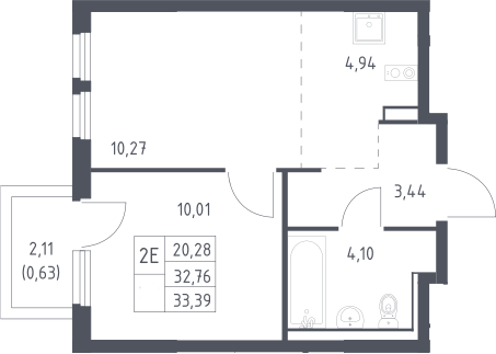 2-комн., 32.76 м², 11/17 этаж, ЖК «Пригород Лесное»