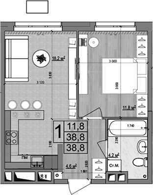 2-комн., 38.8 м², 3/18 этаж, ЖК «Гранд Комфорт»