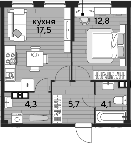 1-комн., 44.4 м², 3/19 этаж, ЖК «DОГМА ПАРК»