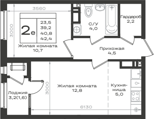 2-комн., 39.2 м², 4/14 этаж, ЖК «Нагория»