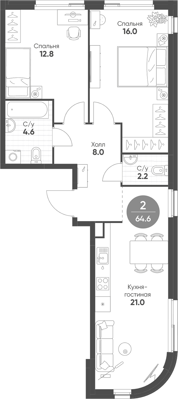 3-комн., 64.6 м², 21/27 этаж, ЖК «Шагал»