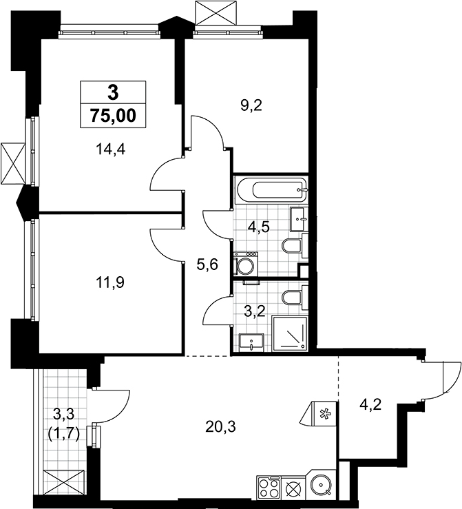 4+ комнаты, 73.3 м², 2/22 этаж, ЖК «Деснаречье»