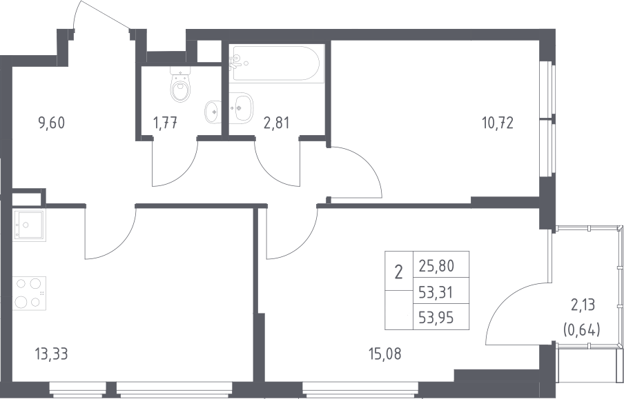 2-комн., 53.31 м², 13/14 этаж, ЖК «Остафьево»