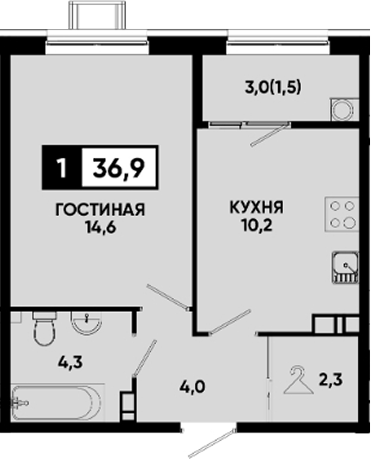 1-комн., 35.4 м², 2/14 этаж, ЖК «Квартал на курорте Моя Легенда»