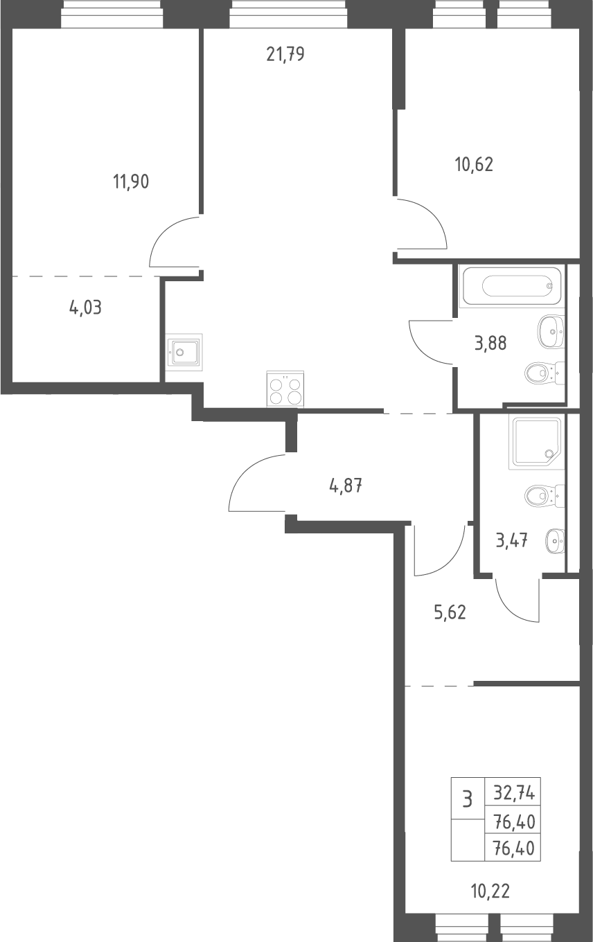4+ комнаты, 76.4 м², 2/17 этаж, ЖК «Квартал Ивакино»