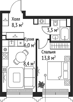 2-комн., 39.8 м², 49/59 этаж, ЖК «СЕТ»