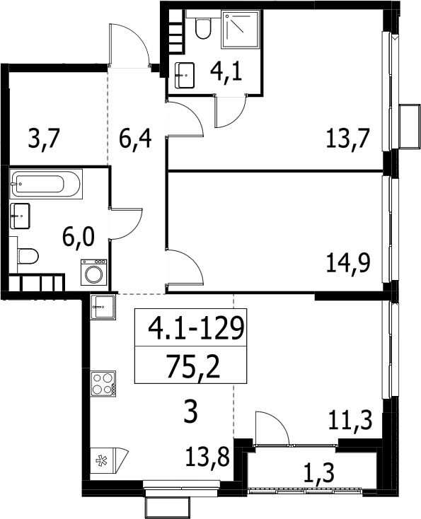 3-комн., 73.9 м², 24/24 этаж, ЖК «Южные сады»