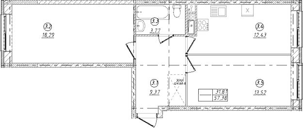 2-комн., 57.38 м², 2/9 этаж, ЖК «Юго-Западный квартал»