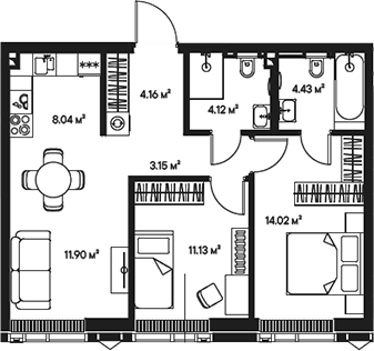 3-комн., 60.95 м², 34/57 этаж, ЖК «Джойс»