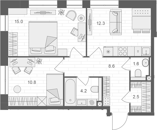 2-комн., 55 м², 10/12 этаж, ЖК «АРТЕЛЬ»
