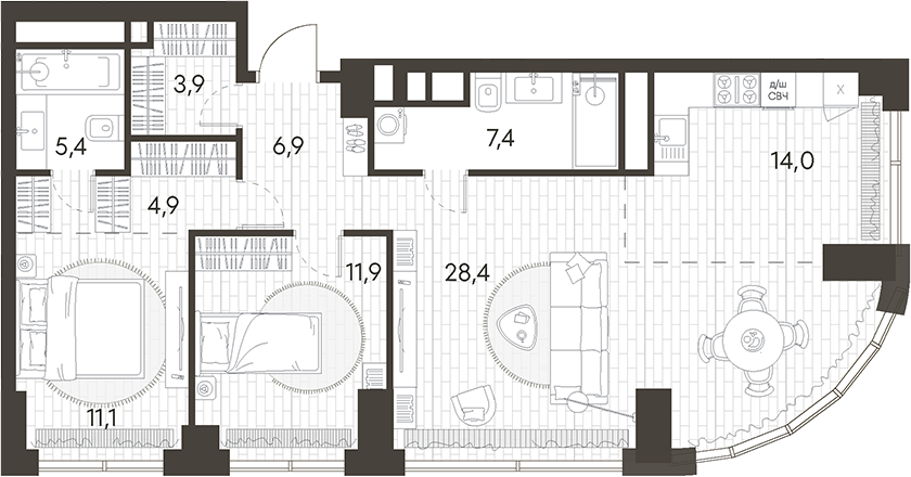 3-комн., 93.9 м², 13/34 этаж, ЖК «Родина Парк»