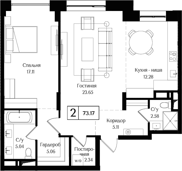 2-комн., 73.17 м², 6/17 этаж, ЖК «Преображенская площадь»