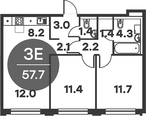 3-комн., 57.7 м², 5/6 этаж, ЖК «Равновесие»