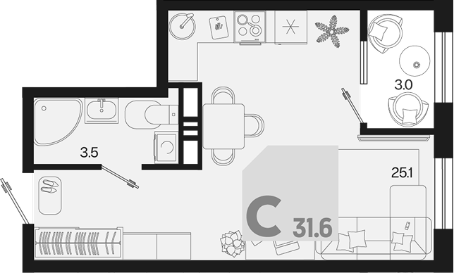 Студия квартира, 28.6 м² в ЖК Первое место — фото 2