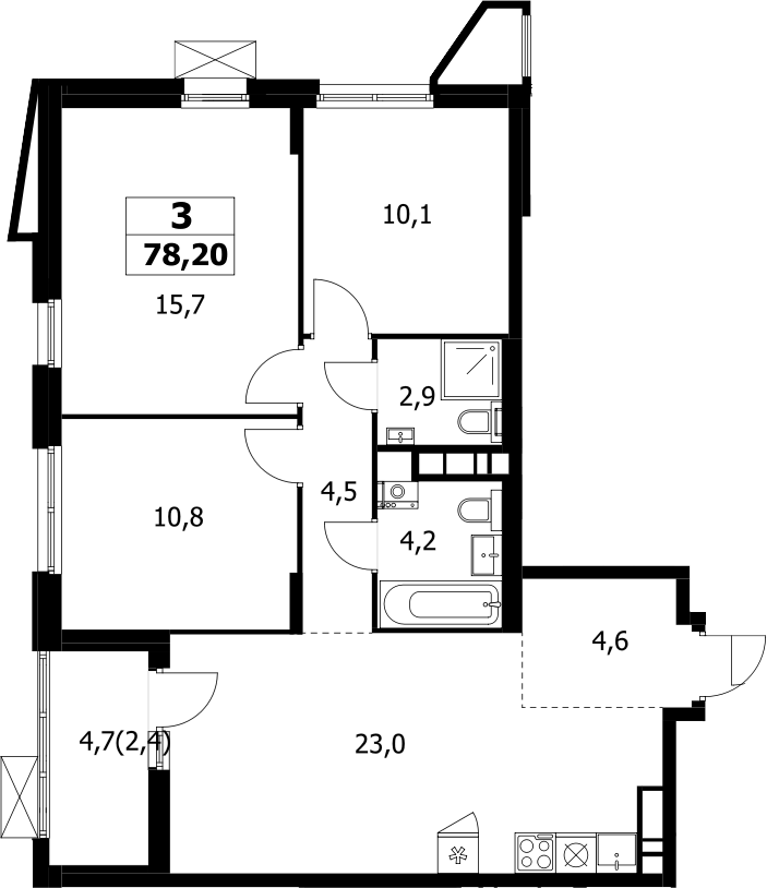 3-комн., 75.8 м², 10/17 этаж, ЖК «Прокшино»