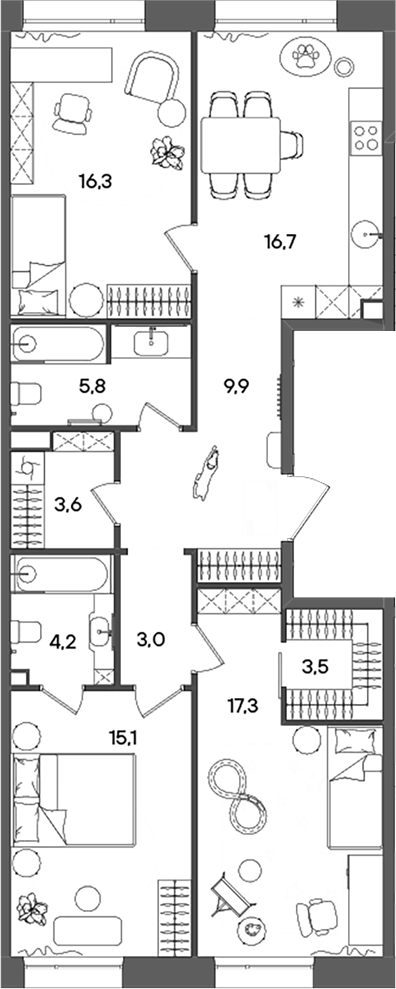 4+ комнаты, 95.4 м², 7/14 этаж, ЖК «СТОУН Райз»