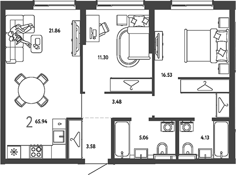 2-комн., 65.94 м², 7/18 этаж, ЖК «Страна.Парковая»