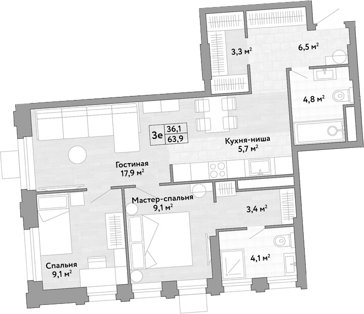 3-комн., 63.9 м², 28/30 этаж, ЖК «Новые Смыслы»