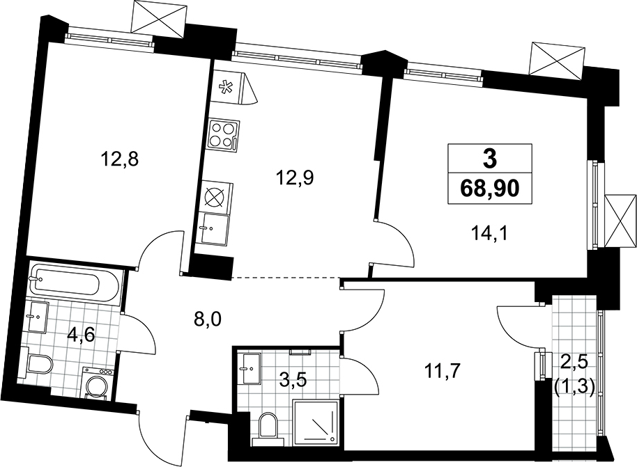 3-комн., 67.6 м², 10/17 этаж, ЖК «Деснаречье»