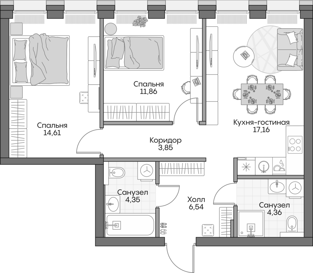 3-комн., 61.7 м², 14/16 этаж, ЖК «Инсайдер»