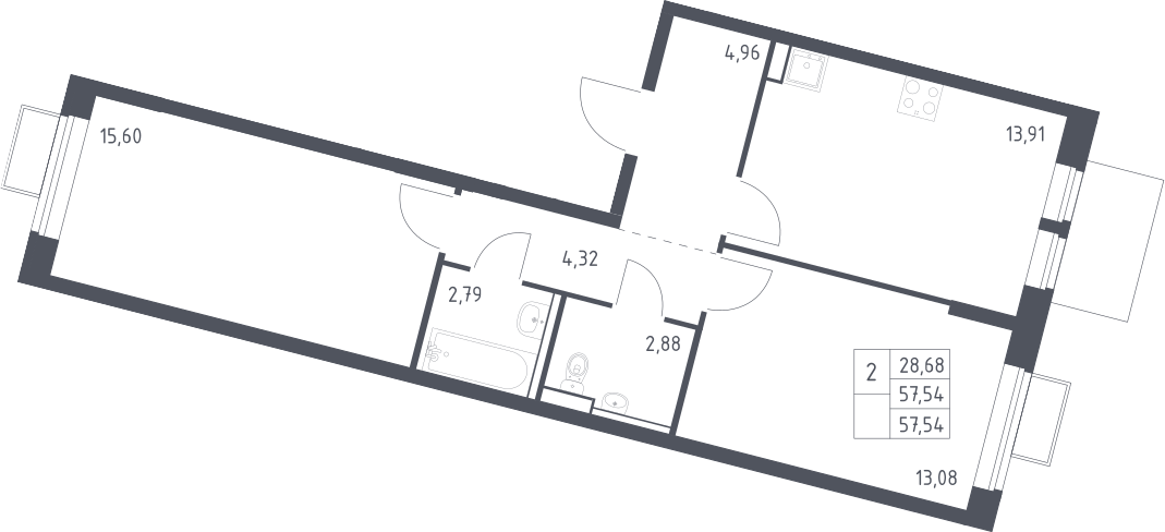 2-комн., 57.54 м², 13/13 этаж, ЖК «Молжаниново»