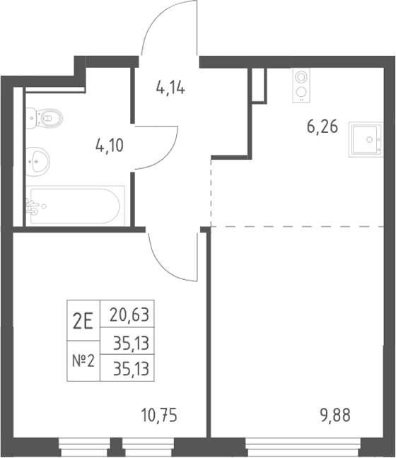 2-комн., 35.13 м², 12/15 этаж, ЖК «Пригород Лесное»