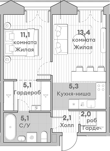 2-комн., 44.1 м², 13/13 этаж, ЖК «НАТИВ»