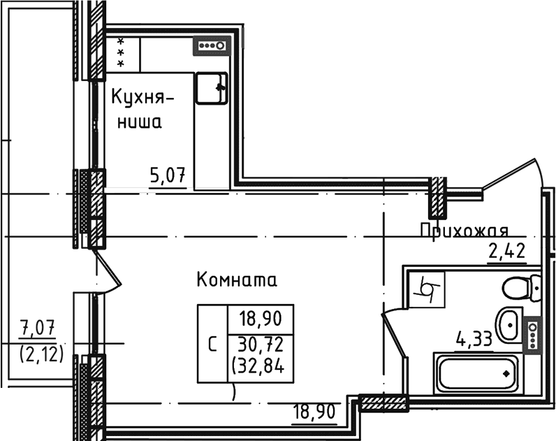 Студия, 30.72 м², 1/5 этаж, ЖК «Зеленый город»