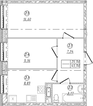 2-комн., 45.96 м², 4/9 этаж, ЖК «Юго-Западный квартал»