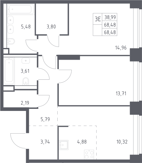 3-комн., 68.48 м², 2/12 этаж, ЖК «НОВА»