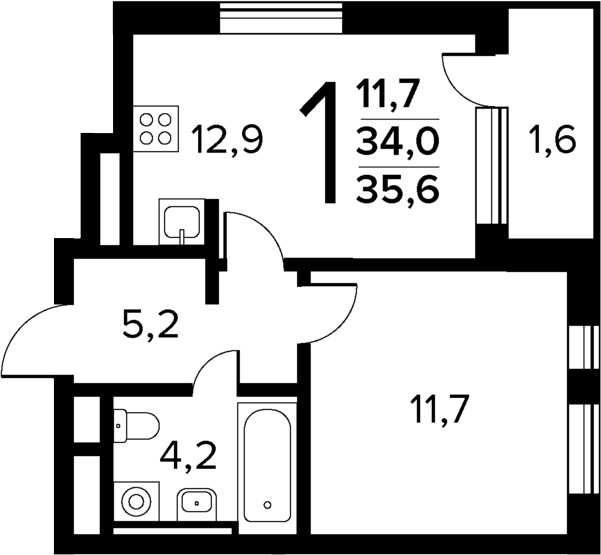 1-комн., 34 м², 9/9 этаж, ЖК «Новые Ватутинки Квартал у реки»