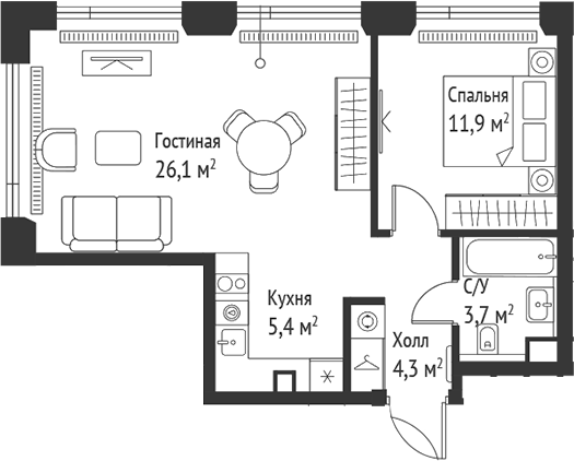 2-комн., 51.5 м², 21/52 этаж, ЖК «СЕТ»