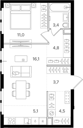 2-комн., 48.6 м², 20/25 этаж, ЖК «НАЗАРЕ»