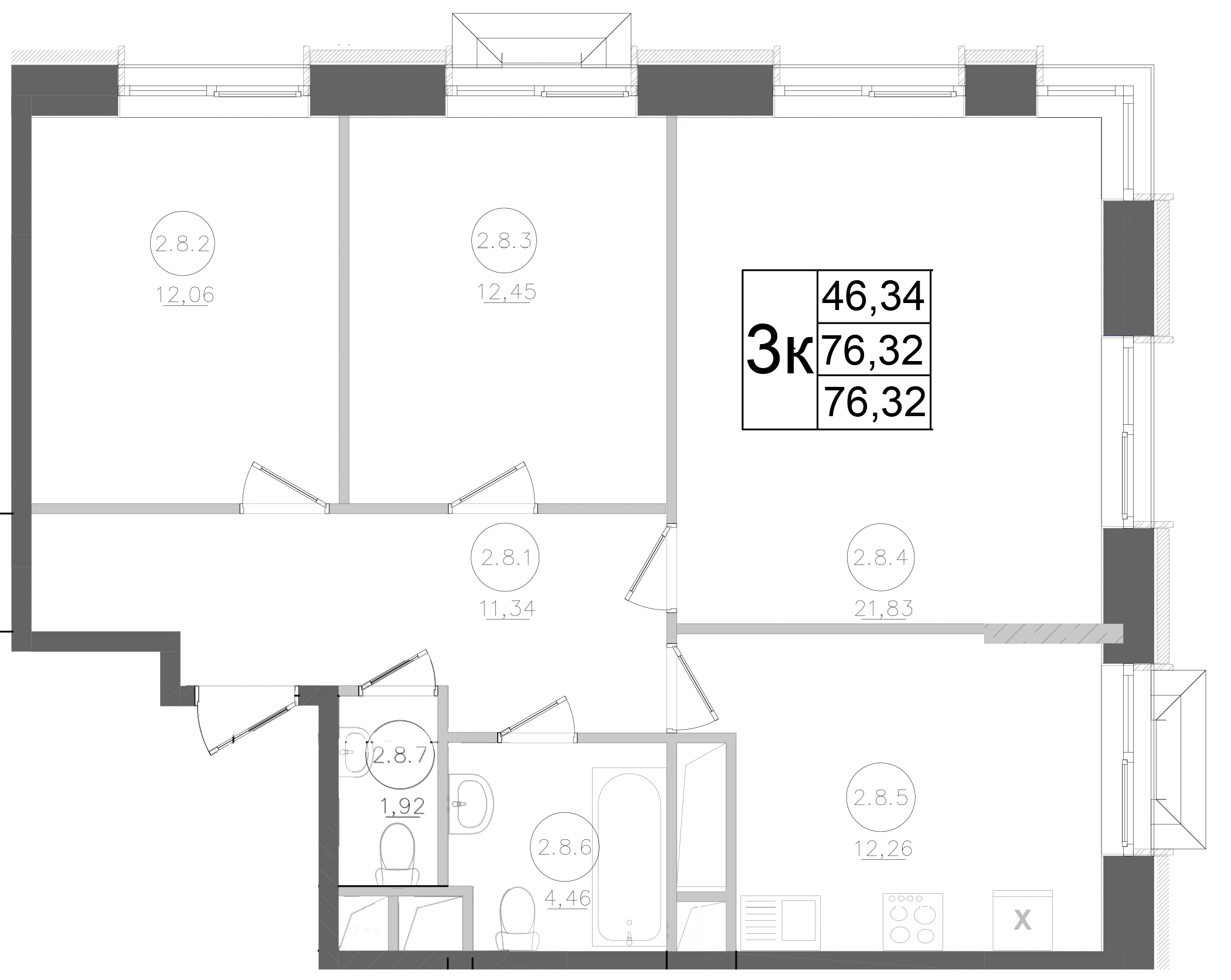 3-комн., 76.32 м², 8/17 этаж, ЖК «Авиатор-2»