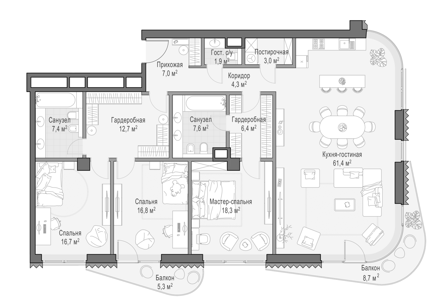 3-комн., 162.8 м², 8/14 этаж, ЖК «Дом Лаврушинский»
